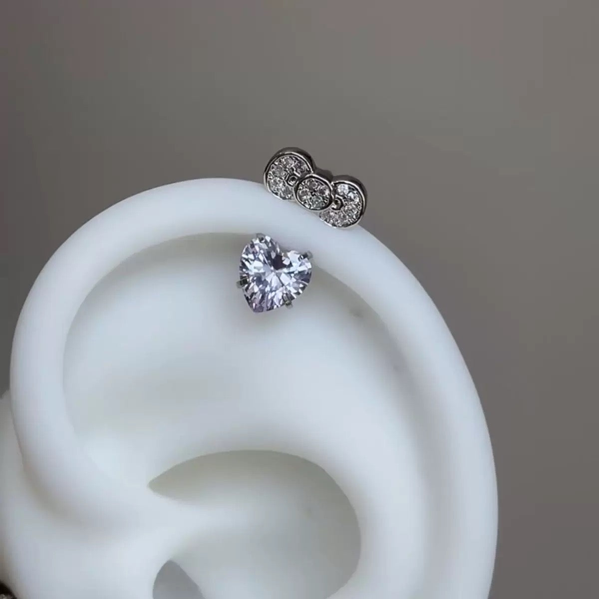Silver Heart Kitty Helix Earrings