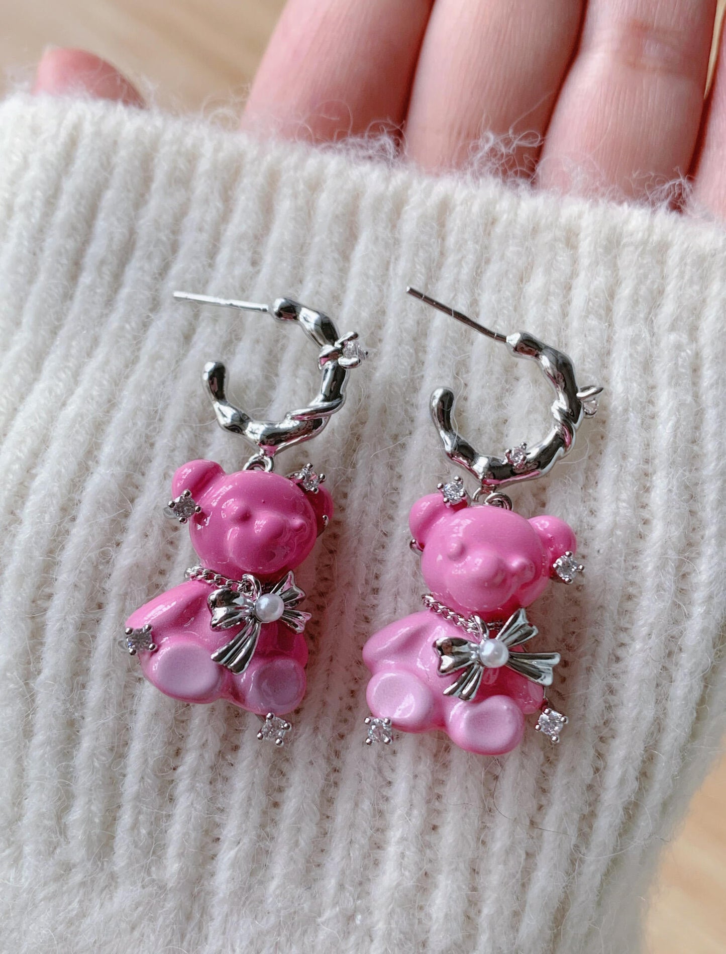 Pink Puff Bear Earrings