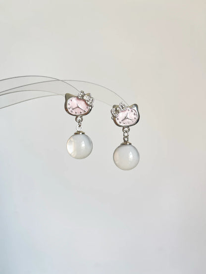 Kitty Clock Pearl Drop Earrings